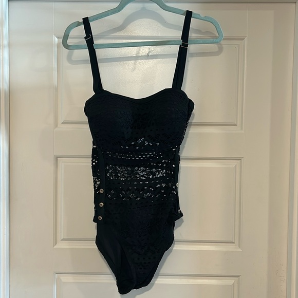 Women’s Black Knit Lace One-Piece Swimsuit | Elegant Swimwear - Picture 2 of 6